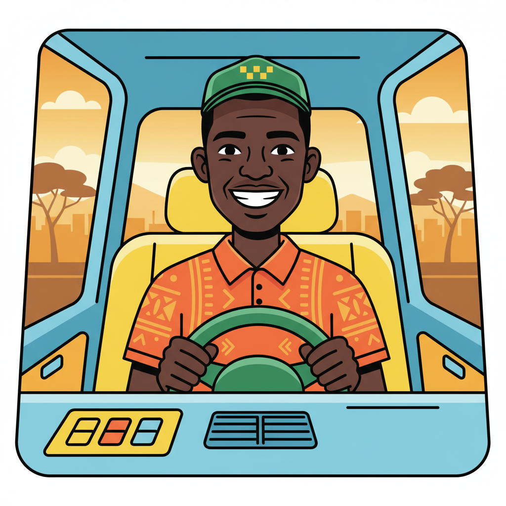 Cartoon illustration of a smiling Black Kenyan taxi driver inside a clean car