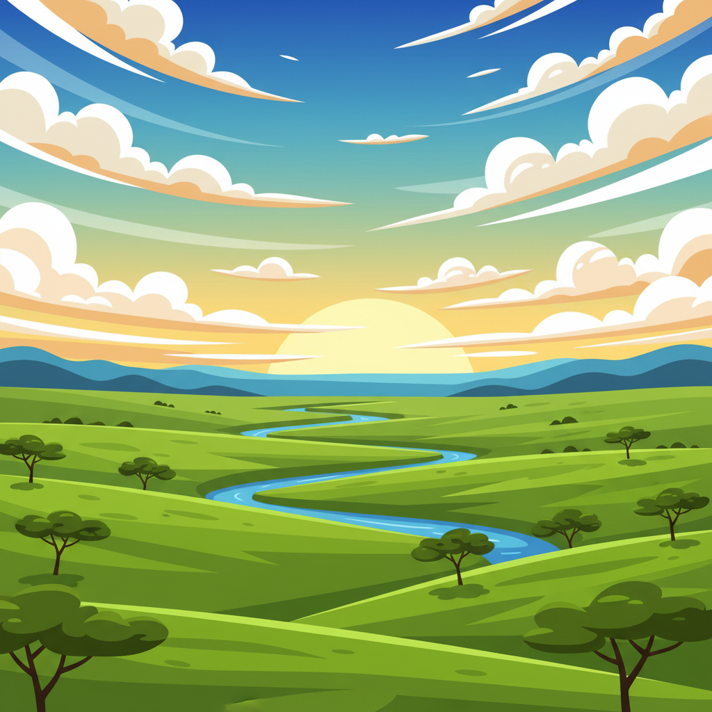 Cartoon illustration of the Great Rift Valley Kenya landscape with rolling green hills